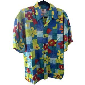 Mango Moon Men's Vintage Hawaiian Geometric Graphic Artsy Floral Shirt M